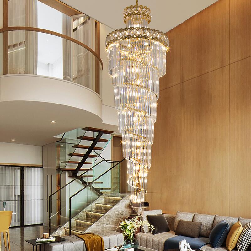 Modern Crystal Chandelier for Staircase Long Villa Hanging Light Fixture Large Home Decor Gold Stainless Steel Led Cristal Lamp