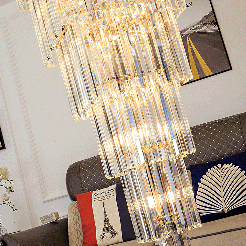 Luxury Smoky Square Crystal Long Chandelier Thin Modern High Ceiling Hotel Hall Lighting