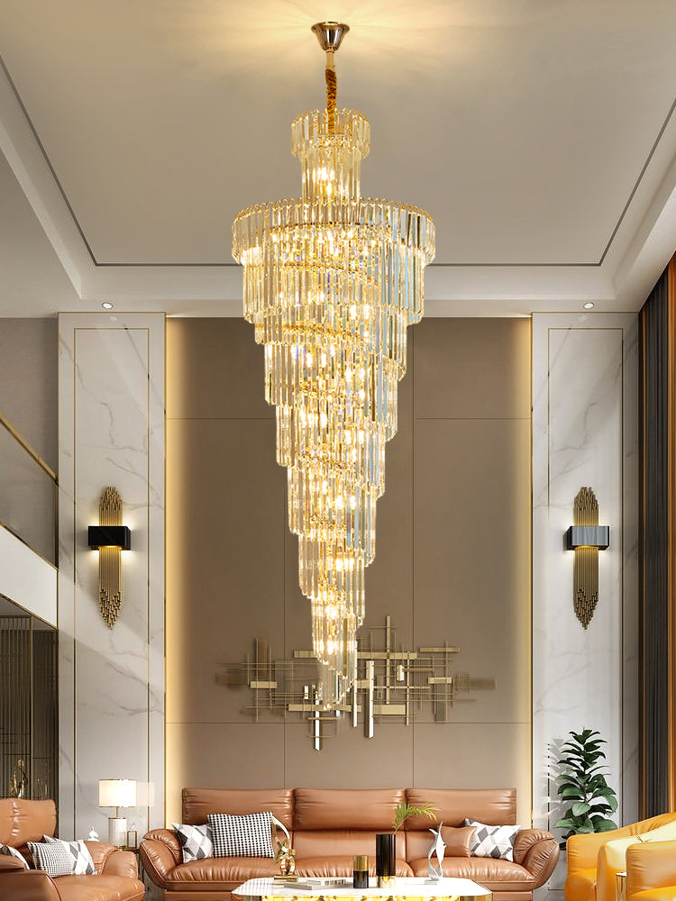 Lámpara de araña de escalera larga moderna para loft, lámpara de araña de cristal larga, lámpara de araña decorativa de lujo para villa, sala de estar, lámpara de araña grande