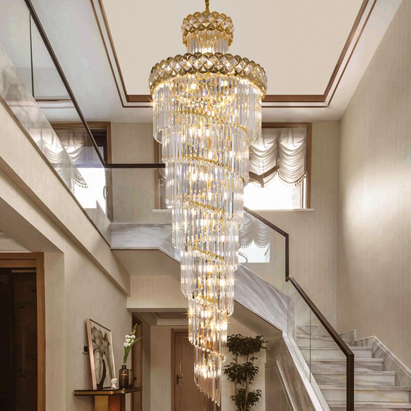 Lámpara de araña de cristal moderna para escalera, lámpara colgante de villa larga, lámpara grande para decoración del hogar, lámpara LED de cristal de acero inoxidable dorado