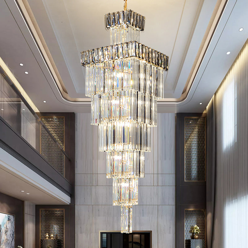 Luxury Smoky Square Crystal Long Chandelier Thin Modern High Ceiling Hotel Hall Lighting