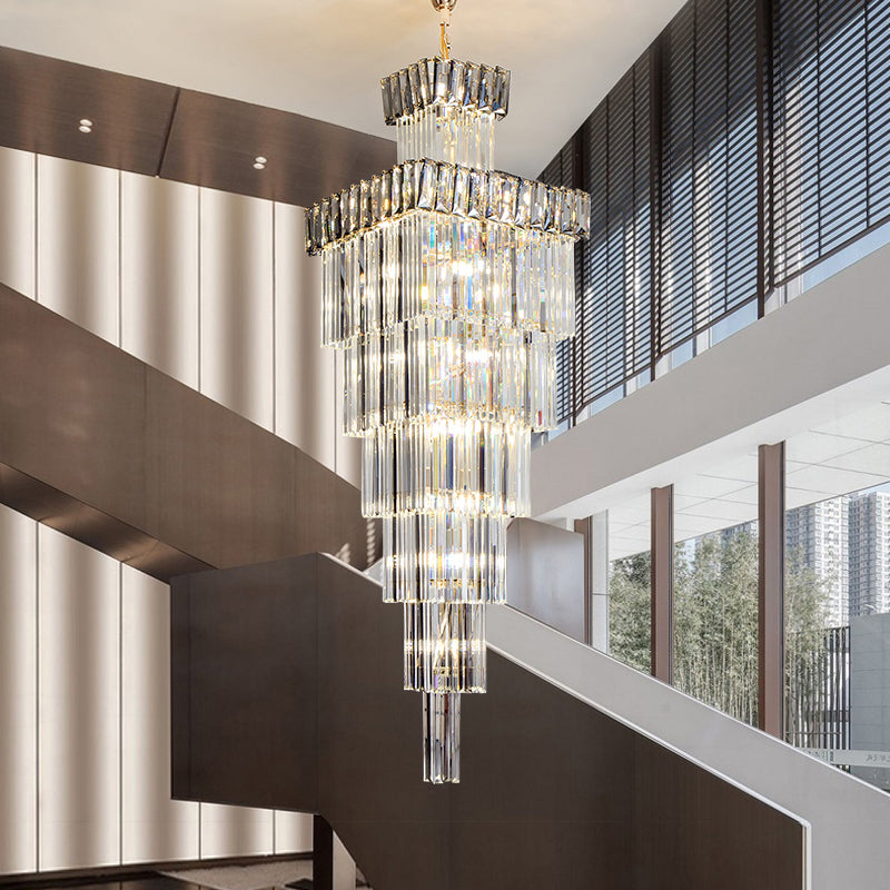 Luxury Smoky Square Crystal Long Chandelier Thin Modern High Ceiling Hotel Hall Lighting