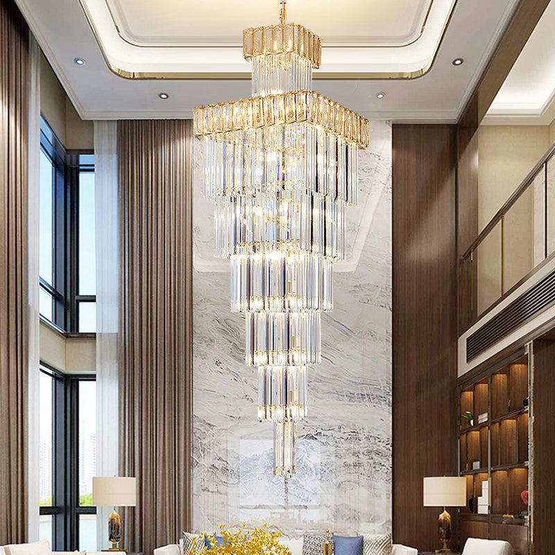 Luxury Smoky Square Crystal Long Chandelier Thin Modern High Ceiling Hotel Hall Lighting