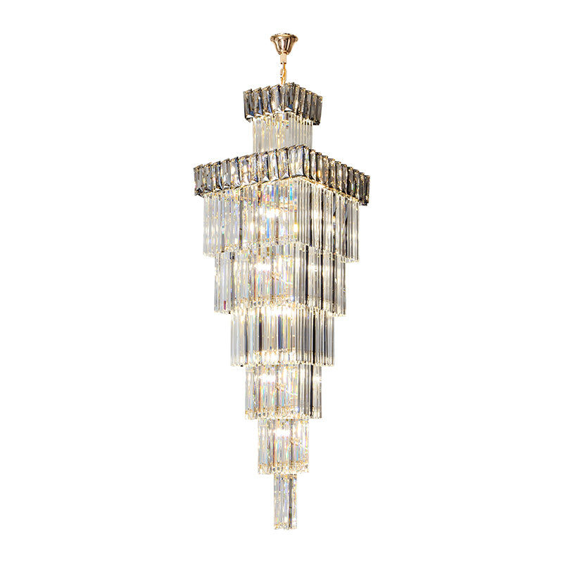 Luxury Smoky Square Crystal Long Chandelier Thin Modern High Ceiling Hotel Hall Lighting