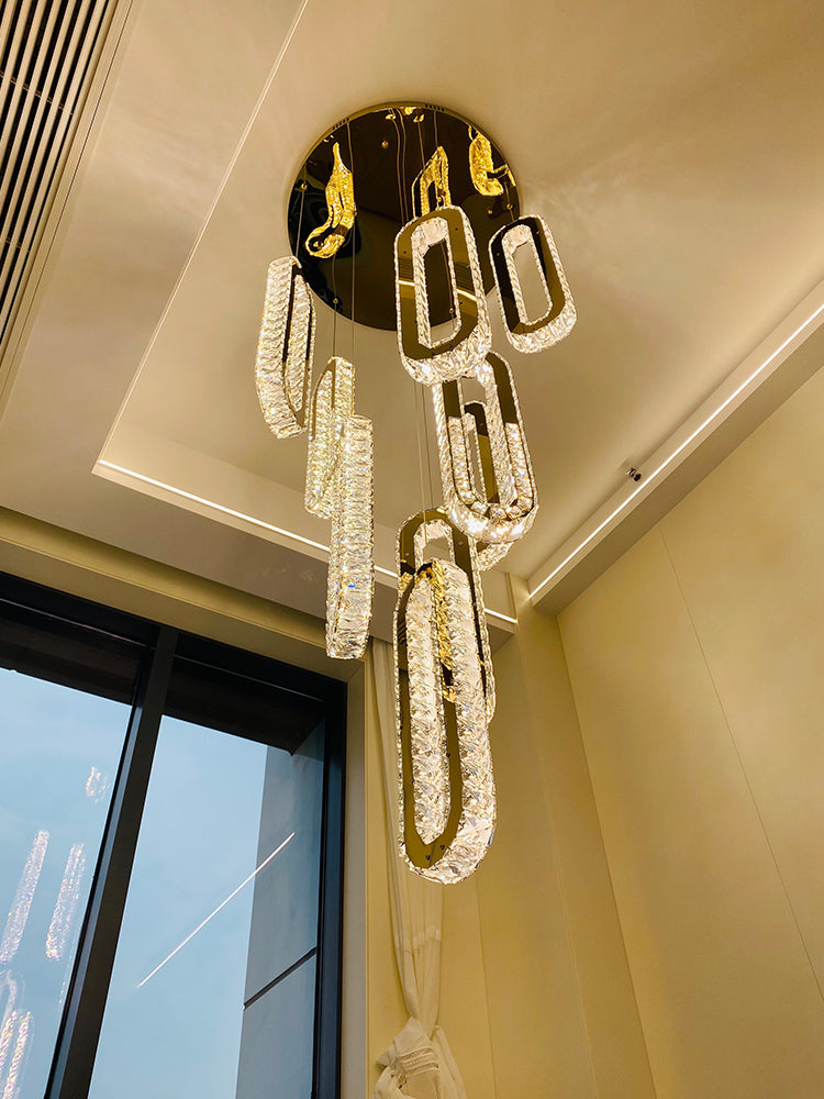 Oval Crystal Long Pendant Light for Entryway Stairs