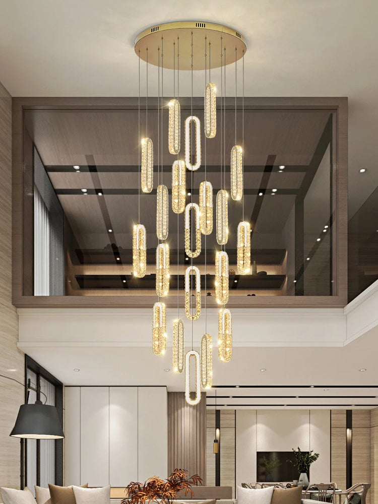 Oval Crystal Long Pendant Light for Entryway Stairs