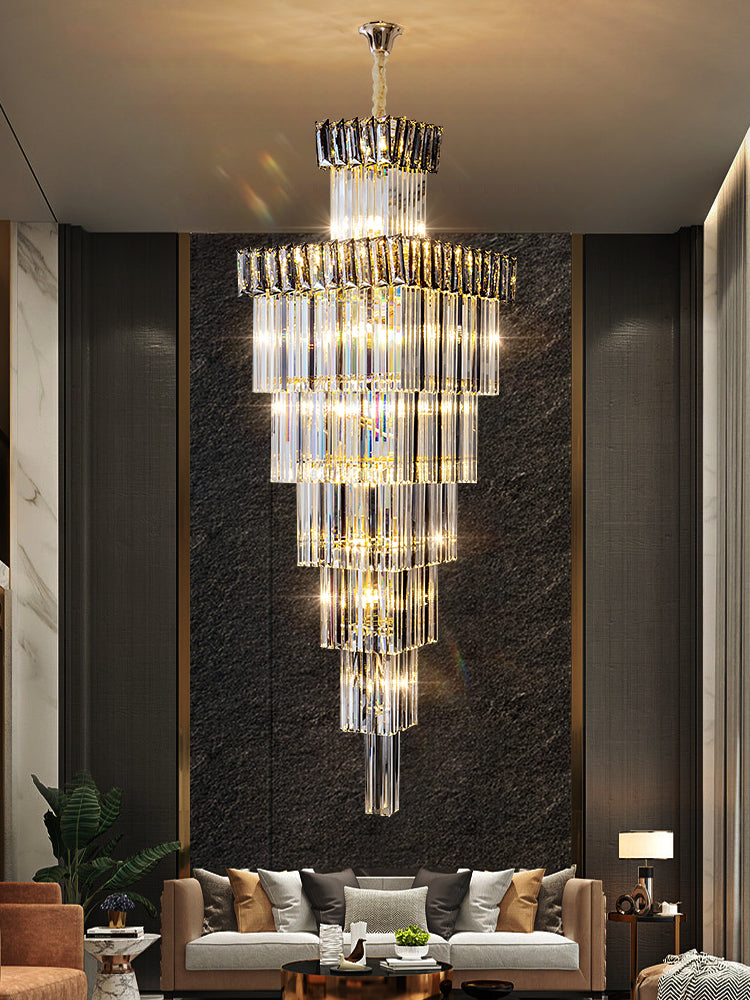 Luxury Smoky Square Crystal Long Chandelier Thin Modern High Ceiling Hotel Hall Lighting