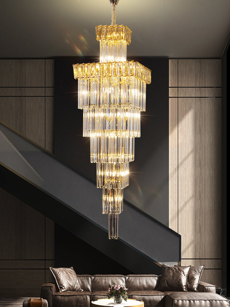 Luxury Smoky Square Crystal Long Chandelier Thin Modern High Ceiling Hotel Hall Lighting